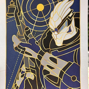 May include: A digital illustration of a character from a video game. The character is a humanoid with a white head and blue and black armor. The character is holding a gun and is standing in front of a target with concentric circles. The illustration is done in a stained glass style with gold outlines.