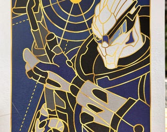 May include: A digital illustration of a character from a video game. The character is a humanoid with a white head and blue and black armor. The character is holding a gun and is standing in front of a target with concentric circles. The illustration is done in a stained glass style with gold outlines.