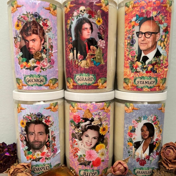 Celebrity Devotional Candles- INTL SHIPPING INCLUDED 3 day burn. Tennant, Garland, Tucci, Monae, Way, George Michael, Pascal, Scott,