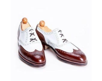 Handmade Red Maroon Leather & White Leather Brogue Shoes: Men's Formal Dress Shoe Tailor made Lace Up Bespoke Shoes
