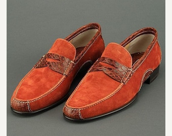 Men's Suede Loafer: Orange Suede And Brown Alligator Texture Leather Slip-On Moccasin Shoe