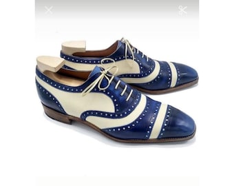 Handmade Blue Leather & White Leather Brogue Shoes: Men's Formal Dress Shoe Tailor made Lace Up Bespoke Shoes