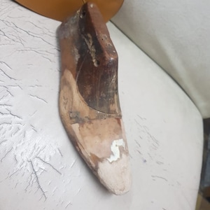 Puede incluir: Horma de zapato de madera usada, con una puntera de color claro. La horma es de color marr&oacute;n oscuro y tiene agujeros perforados en la parte superior. Un zapato de cuero marr&oacute;n claro es parcialmente visible en el fondo.