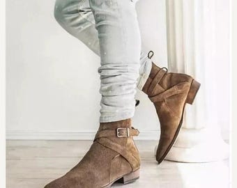 Handmade Suede Leather Chelsea Boots: Men's Buckle Ankle Jumper Boot