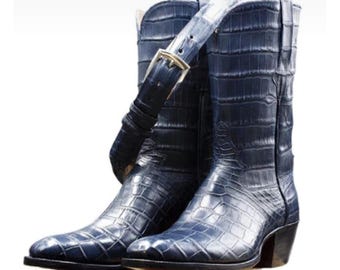 Customized Men's Bespoke Handmade Cowboy Boots Blue Alligator Texture Leather SP Heel Western Boot