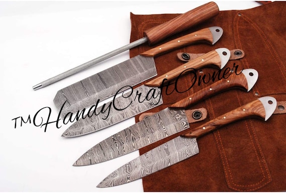 5 Pc Damascus Custom Handmade Bbq/kitchen/chef Knives Block Set With Purple  Pakawood Handle With Leather Roll Kit Beautiful Gift for Him/her 