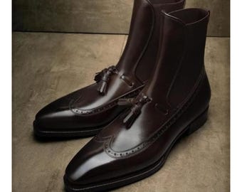 Handmade Black Brogue Tassel Leather Chelsea Boots: Men's Bespoke Ankle High Formal Dress Boots Elastic Jumper Boot