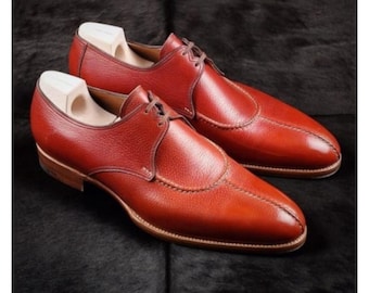 Men's Top Bespoke Brown Tan Leather Derby Shoe, Custom made Lace Handmade Shoes