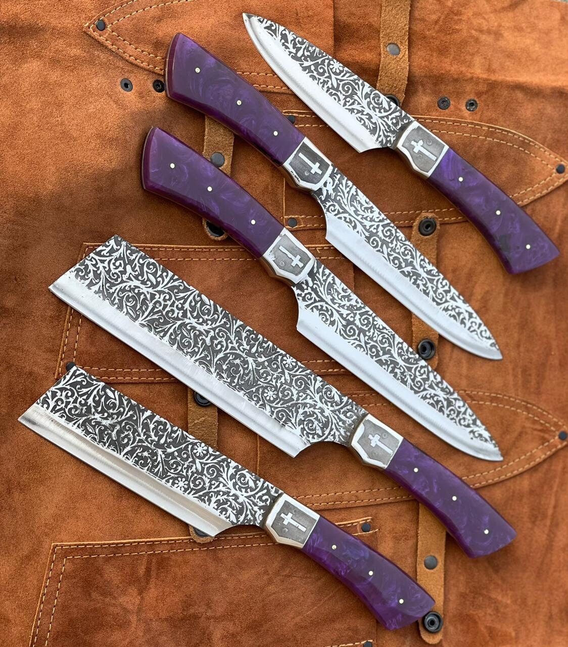 5 Pc Damascus Custom Handmade Professional Chef/bbq/kitchen Knife Set With  Purple Resin Handle With Leather Roll Kit Beautiful Gift for Him 