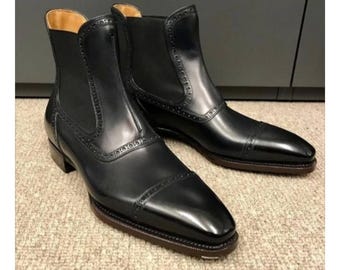 Handmade Black Brogue Leather Chelsea Boots: Men's Bespoke Ankle High Formal Dress Boots Elastic Jumper Boot