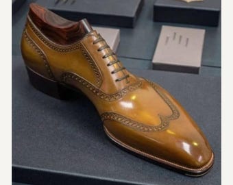 Customized Tan Brown Leather Brogue Dress Shoes: Men's Handmade High Shine Bespoke Shoe