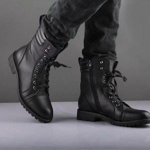 Men's New Black Leather Ankle High Lace Up Marching Zip Boots Men's Collection Lovely Premium Quality Handmade Dress Formal Wear Zipper Boot