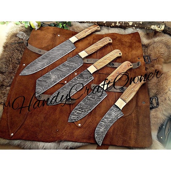 Custom Handmade Damascus Steel Kitchen Knife Set with Olive Wood