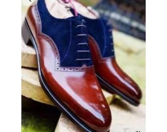 Handmade Red Maroon Leather & Blue Suede Leather Brogue Shoes: Men's Formal Dress Shoe Tailor made Lace Up Bespoke Shoes