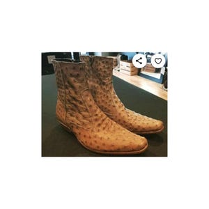 Men's New In Fashion Ankle High Zip Boots, Premium Quality Handmade Genuine Mustard Brown Ostrich Texture Real Leather Dress Zipper Boot