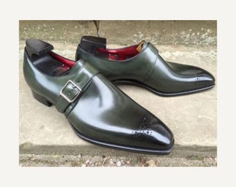 Handmade Green Leather Monk Strap Shoes: Custom Bespoke Dress Monk Shoe