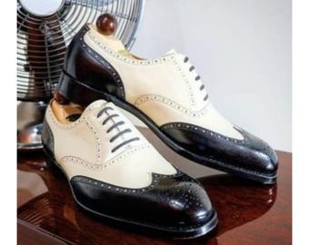 Handmade Black Leather & Off-White Leather Brogue Shoes: Men's Formal Dress Shoe Tailor made Lace Up Shoes