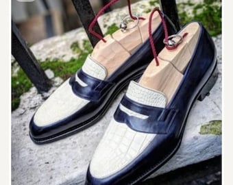 Handmade Blue Leather Loafers, White Alligator Texture Slip-Ons Moccasin