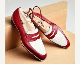 Handmade Red Grain Leather Loafers, White Alligator Texture Slip-Ons Moccasin