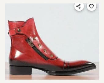 Men's Bespoke Red Leather Double Zip Ankle Boot: Handmade Formal Smart Long Zipper Boots