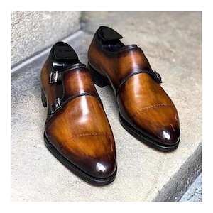 Handcrafted Leather Double Monk Strap Dress Shoes Bespoke Shoe