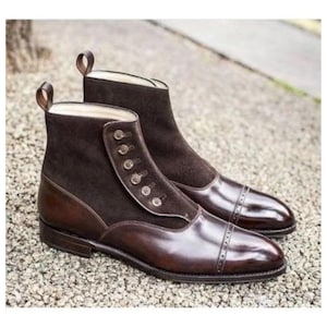 Two Tone Leather & Suede Button Boots: Handmade Party Wear Bespoke Shoe