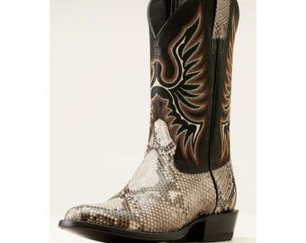 Customized Men's Bespoke Handmade Cowboy Boots Two Tone Snake Texture Leather & Black Texture Leather SP Heel Western Boot