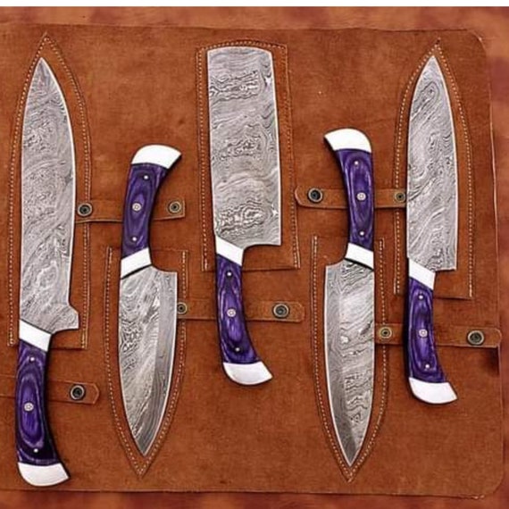 5 Pc Damascus Custom Handmade Bbq/kitchen/chef Knives Block Set With Purple  Pakawood Handle With Leather Roll Kit Beautiful Gift for Him/her 