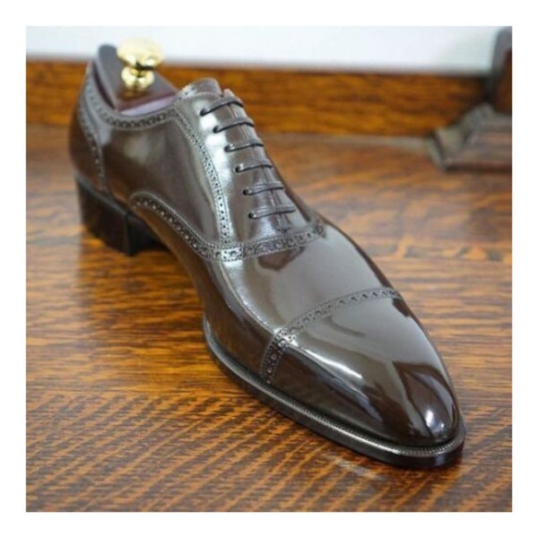 Buy New Men's Formal Premium Quality Handmade Brown Shinny Leather Cap Toe Brogue Dress Party Wear Wing Tip Brogue Shoes