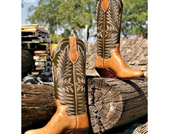 Customized Men's Bespoke Handmade Cowboy Boots Two Tone Brown Leather SP Heel Western Boot