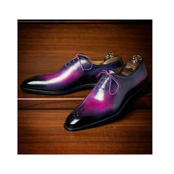 Handmade Leather Oxford Shoes: Men's Pinkish Purple Patina Dress Bespoke Shoe Top Notch Fashion