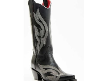 Men's Bespoke Handmade Cowboy Black Leather SP Heel Western Boot White Stitched Custom Boots