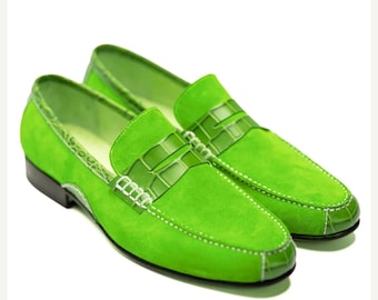 Handmade Green Suede Leather Loafer: Bespoke Fashion Men's Slip-on Shoe
