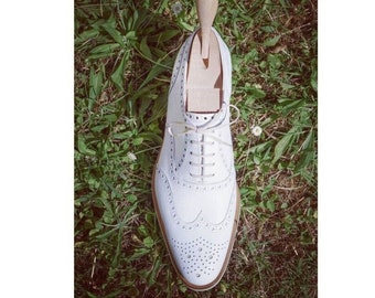 Buy New Fashion Men's Formal Premium Quality Handmade White Grain Leather Brogue Dress Party Wear Wing Tip Brogue Shoes