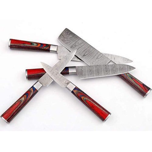 Hotsell 5 pc Custom Handmade Damascus BBQ/Kitchen/Chef Knives Set with Multi Pakkawood Handle & leather roll kit,roll bag (Engraved Name Available)