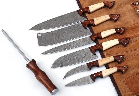 5 Pc Damascus Custom Handmade Professional BBQ Knife/kitchen Knife/ Chef Knife  Block Set With Purple Pakawood Handle With Leather Roll Kit 