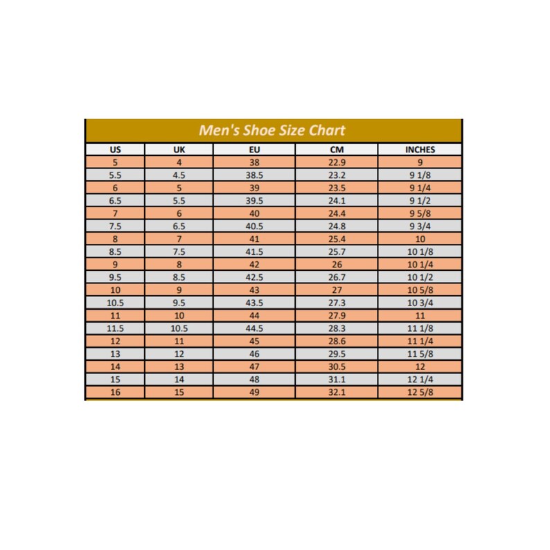 Peut inclure: Tableau des pointures de chaussures pour hommes, avec conversions US, UK, EU, centim&egrave;tres et pouces. Le tableau pr&eacute;sente les tailles de 38 &agrave; 49 EU, avec les mesures correspondantes.