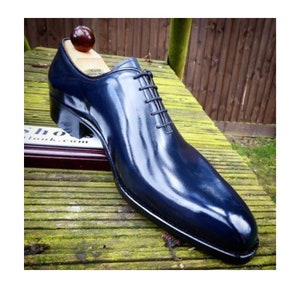 Buy Formal Latest Men's Top Of The Line Quality Handmade Real High Shine Blue Leather Dress Whole Cut Oxford Shoe Party Wear Lace up Shoes