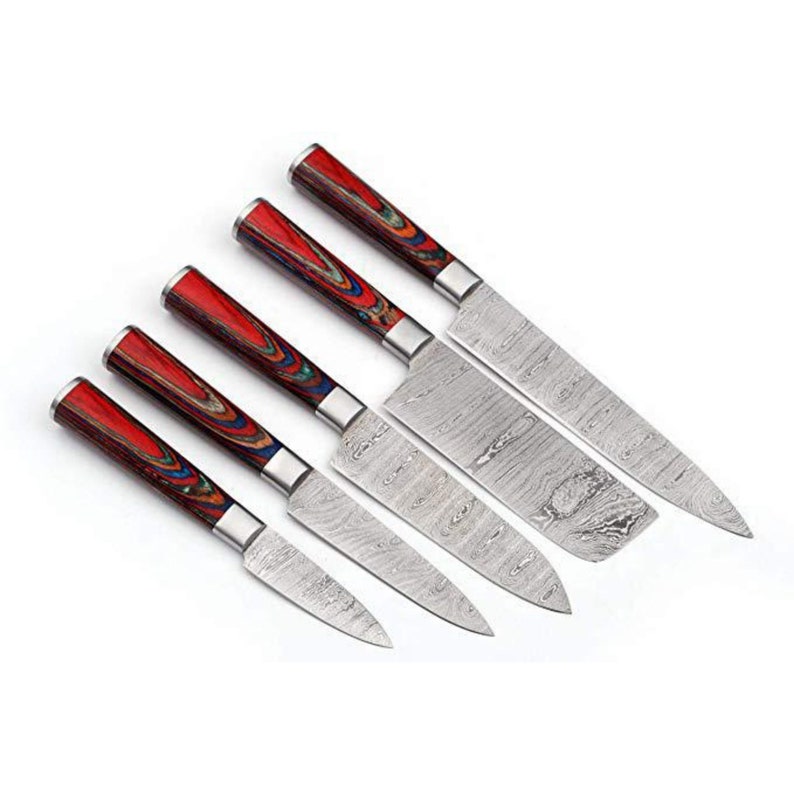 Hotsell 5 pc Custom Handmade Damascus BBQ/Kitchen/Chef Knives Set with Multi Pakkawood Handle & leather roll kit,roll bag (Engraved Name Available)