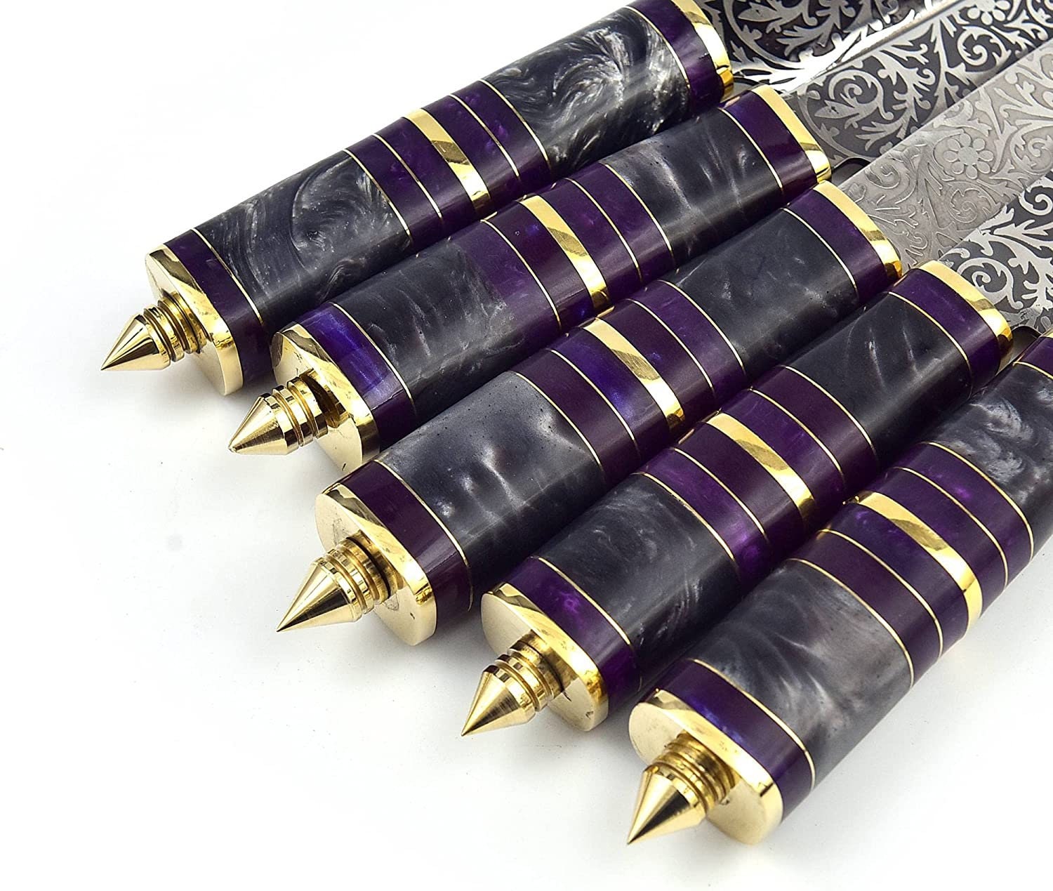 5 Pc Damascus Custom Handmade Professional Chef/bbq/kitchen Knife Set With  Purple Resin Handle With Leather Roll Kit Beautiful Gift for Him 
