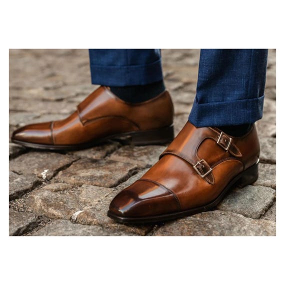 Handcrafted Brown Leather Double Monk Shoes: Men display picture 3