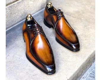 Latest Design Men's Handmade Tone Tan Leather Shoes: Bespoke Derby Lace Dress Men's Shoe