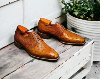 Ręcznie robione brązowe skórzane buty typu derby oxford z fakturą strusia, najwyższej jakości, modne, szyte na miarę
