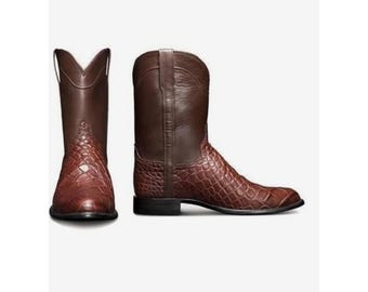 Customized Men's Bespoke Handmade Cowboy Boots Two Tone Brown Leather & Alligator Texture Leather SP Heel Western Boot