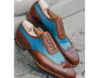 Handmade Goodyear Welted Brown Leather & Blue Suede Leather Oxford Dress Brogue Shoes Top Notch Bespoke Fashion