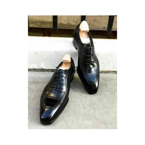 Handmade Black Leather Oxford Dress Shoes: Crocodile Print  display picture 1