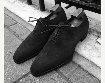 Bespoke Men's Tailor Black Suede Leather Formal Lace Up Custom Brogue Office Dress Shoe