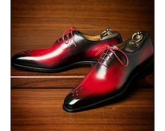 Buy The Best Men's Premium Quality Handmade Real Leather Two Tone Cherry Red Patina Finish Leather Party Whole Cut Oxford Shoe Lace up Shoes