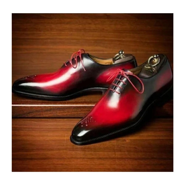 Buy The Best Men's Premium Quality Handmade Real Leather Two Tone Cherry Red Patina Finish Leather Party Whole Cut Oxford Shoe Lace up Shoes