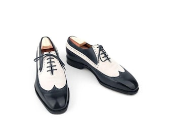 Handmade Black Leather & White Leather Brogue Shoes: Men's Formal Dress Shoe Tailor made Lace Up Bespoke Shoes
